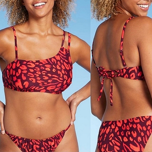 Shade & Shore M (8-10) One Shoulder Top and Cheeky Bikini Bottom orange/burgundy - Picture 1 of 6